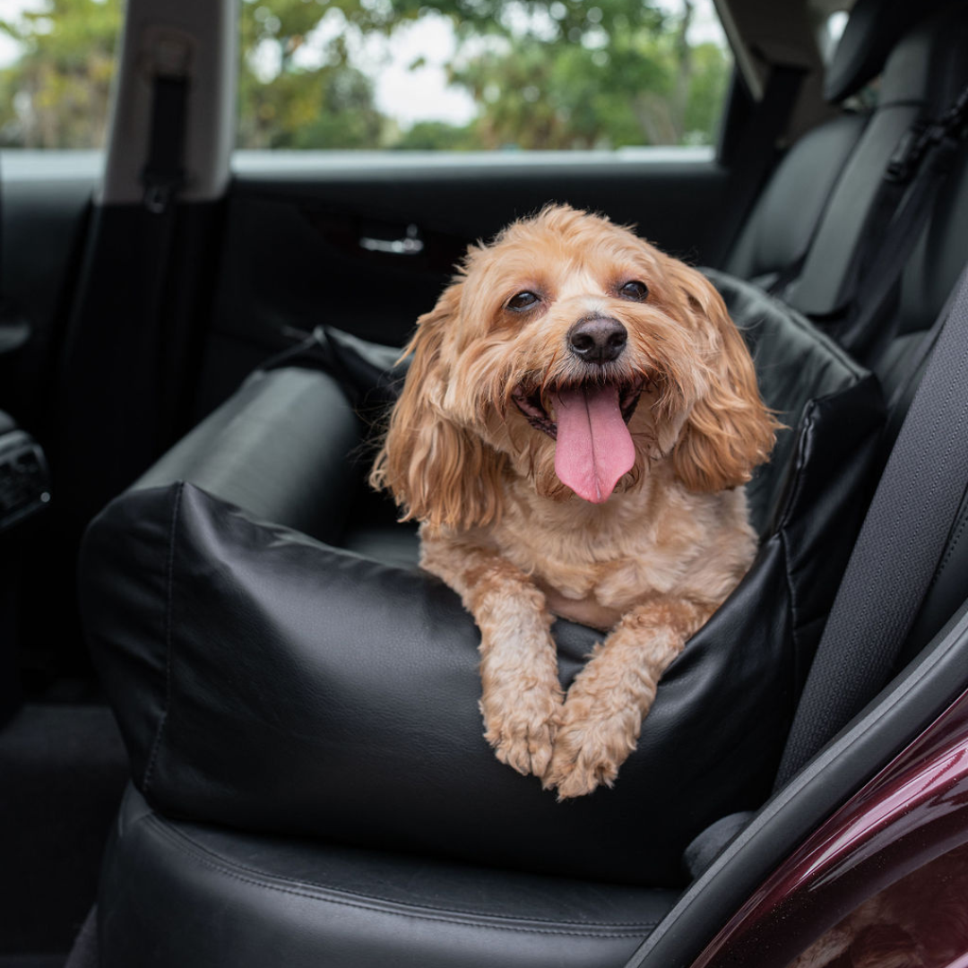 PupProtector™ Faux Leather Dog Car Bed – Memory Foam Booster Seat with Safety Straps, Waterproof Liner & Removable Cover - Black