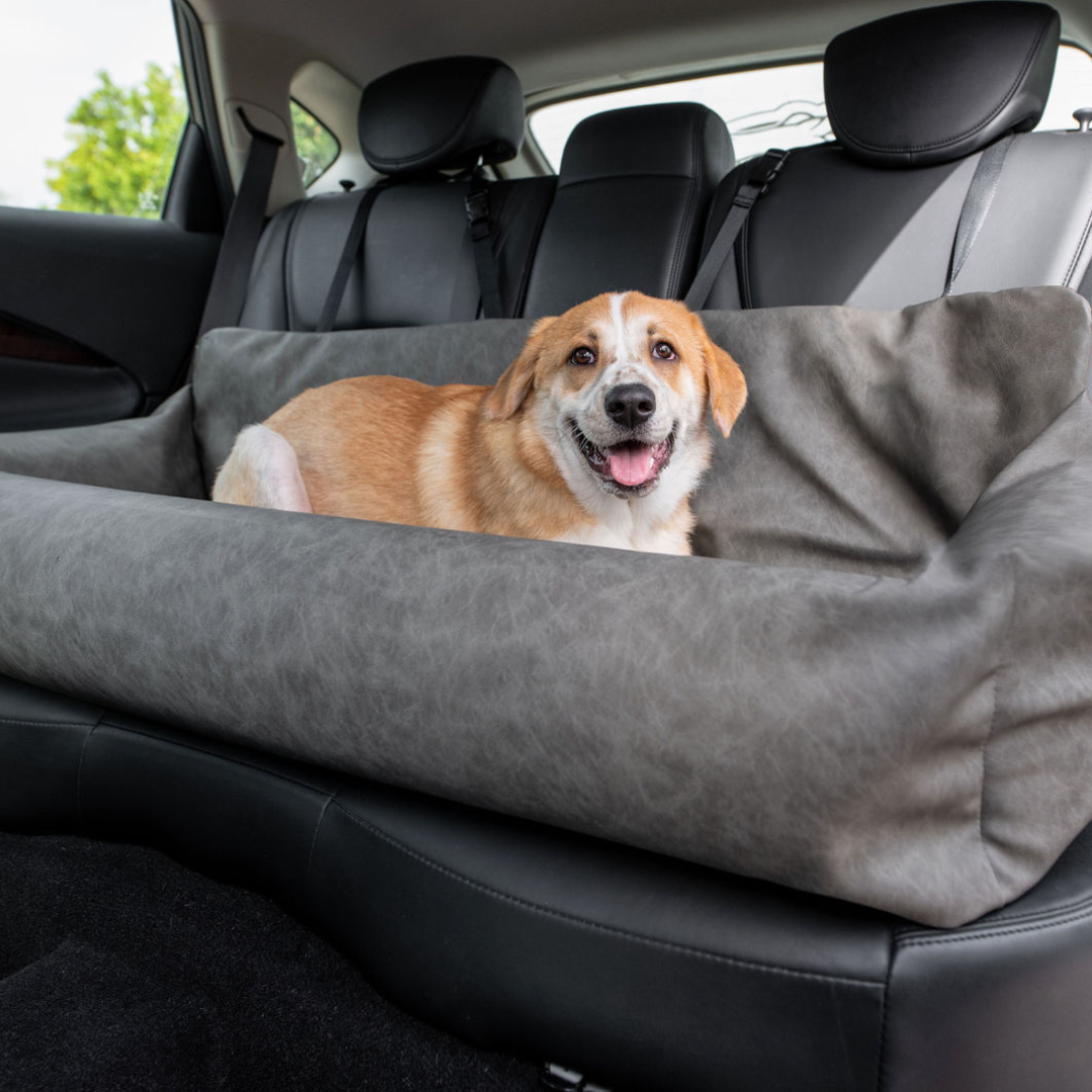 PupProtector™ Faux Leather Dog Car Bed – Memory Foam Booster Seat with Safety Straps, Waterproof Liner & Removable Cover