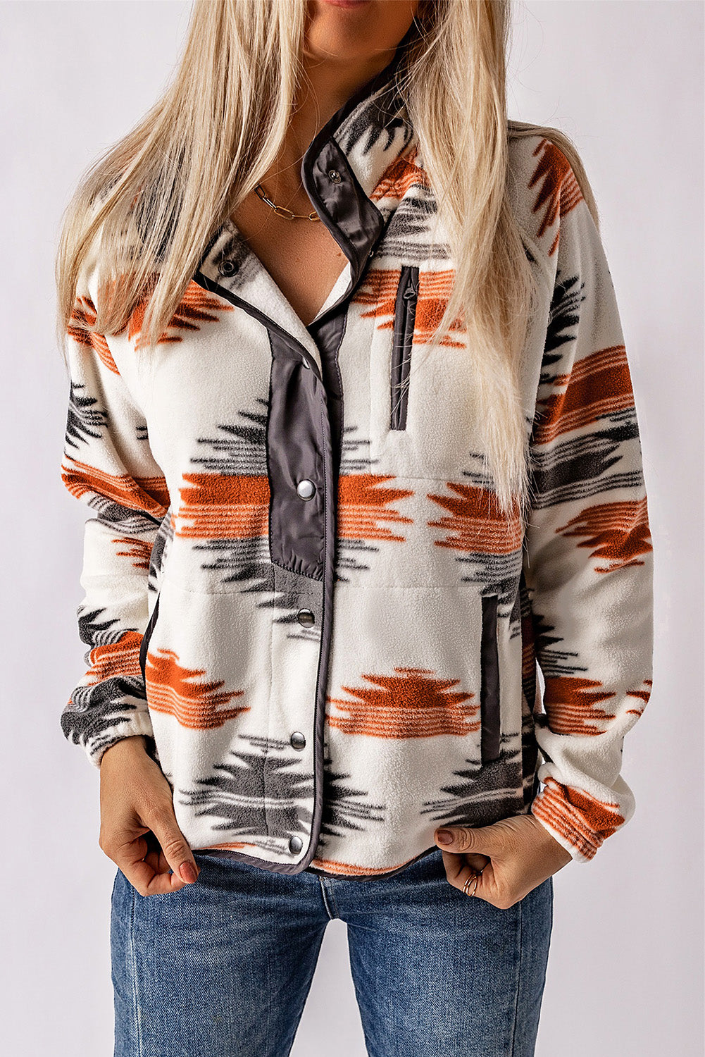 Western Aztec Fleece Jacket – Snap Front Warm Layer with Side Pockets
