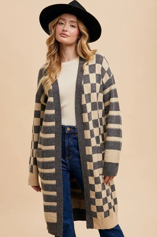 Annie Wear Checkered & Striped Open Front Long Sleeve