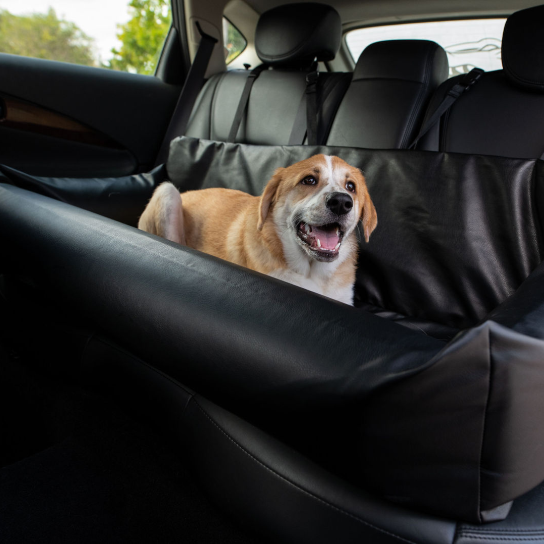 PupProtector™ Faux Leather Dog Car Bed – Memory Foam Booster Seat with Safety Straps, Waterproof Liner & Removable Cover - Black