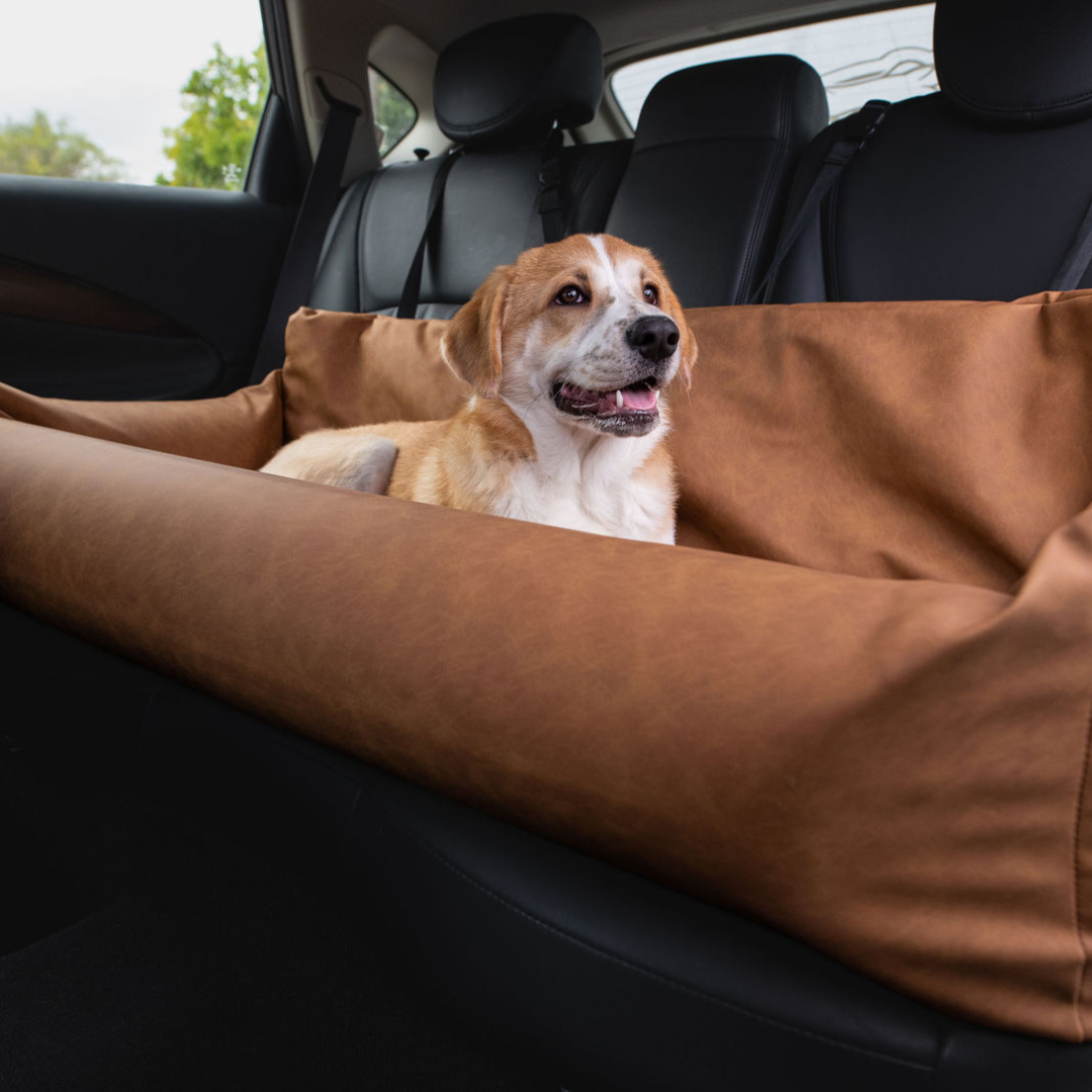 PupProtector™ Faux Leather Dog Car Bed – Memory Foam Booster Seat with Safety Straps, Waterproof Liner & Removable Cover - Camel