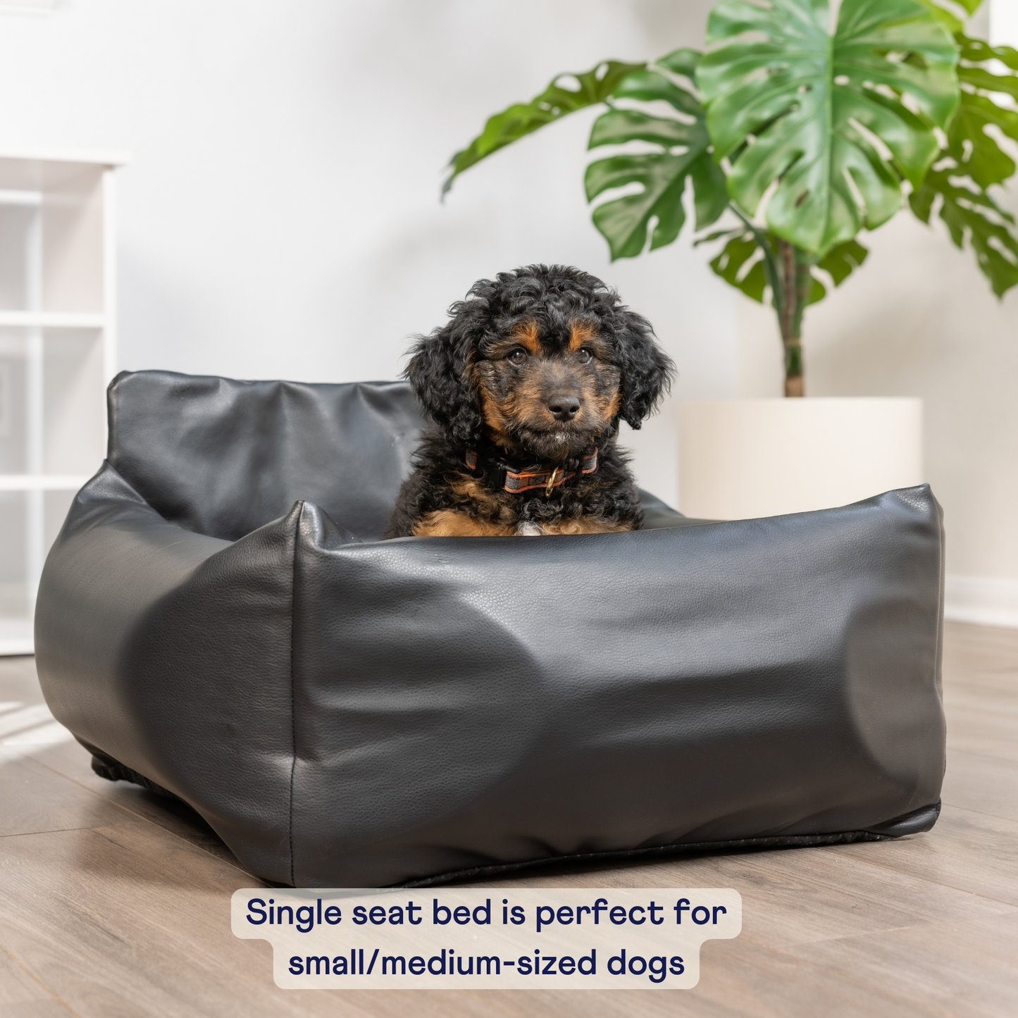PupProtector™ Faux Leather Dog Car Bed – Memory Foam Booster Seat with Safety Straps, Waterproof Liner & Removable Cover - Black