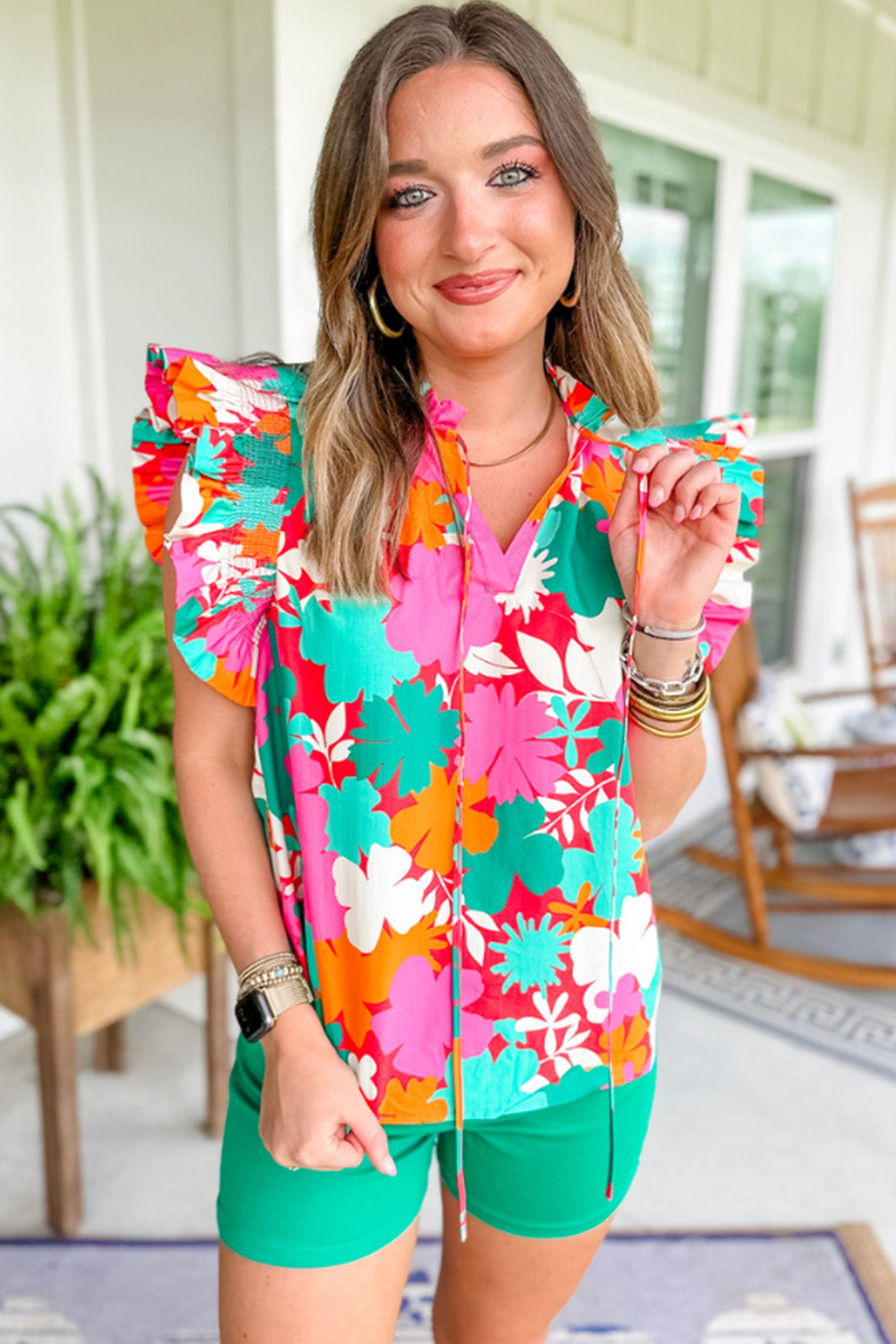 Floral Split Neck Ruffle Trim Blouse – Tie Front Feminine Top