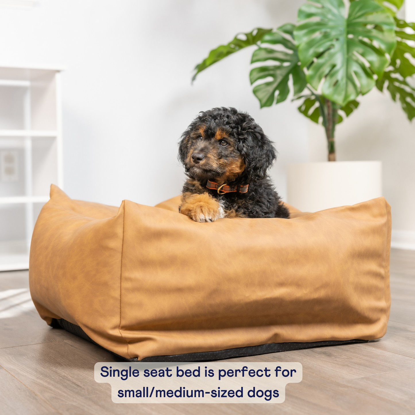 PupProtector™ Faux Leather Dog Car Bed – Memory Foam Booster Seat with Safety Straps, Waterproof Liner & Removable Cover - Camel