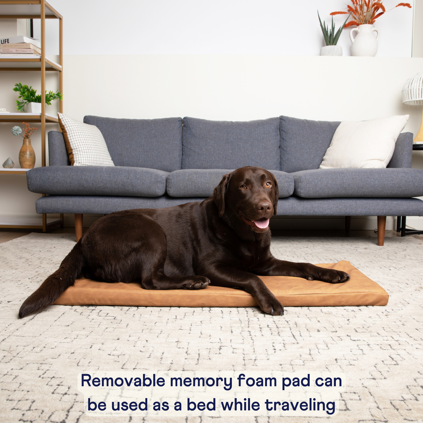 PupProtector™ Faux Leather Dog Car Bed – Memory Foam Booster Seat with Safety Straps, Waterproof Liner & Removable Cover - Camel