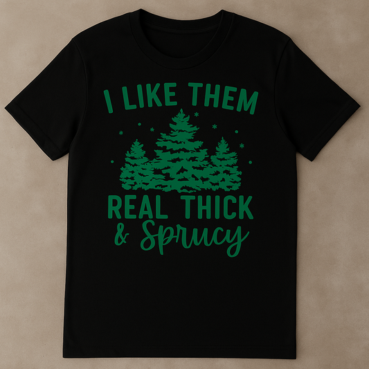 I Like Them Real Thick & Sprucy Christmas Shirt – Funny Holiday Tee | Bella + Canvas 3001 Unisex Christmas Tree T-Shirt