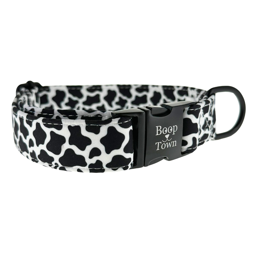 Spotted Cow Dog Collar – Adjustable Cotton Pet Collar with Gold Hardware