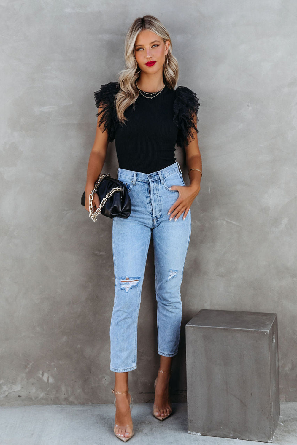Slim Fit Mesh Sleeve Ribbed Top – Summer Solid Color Casual Blouse