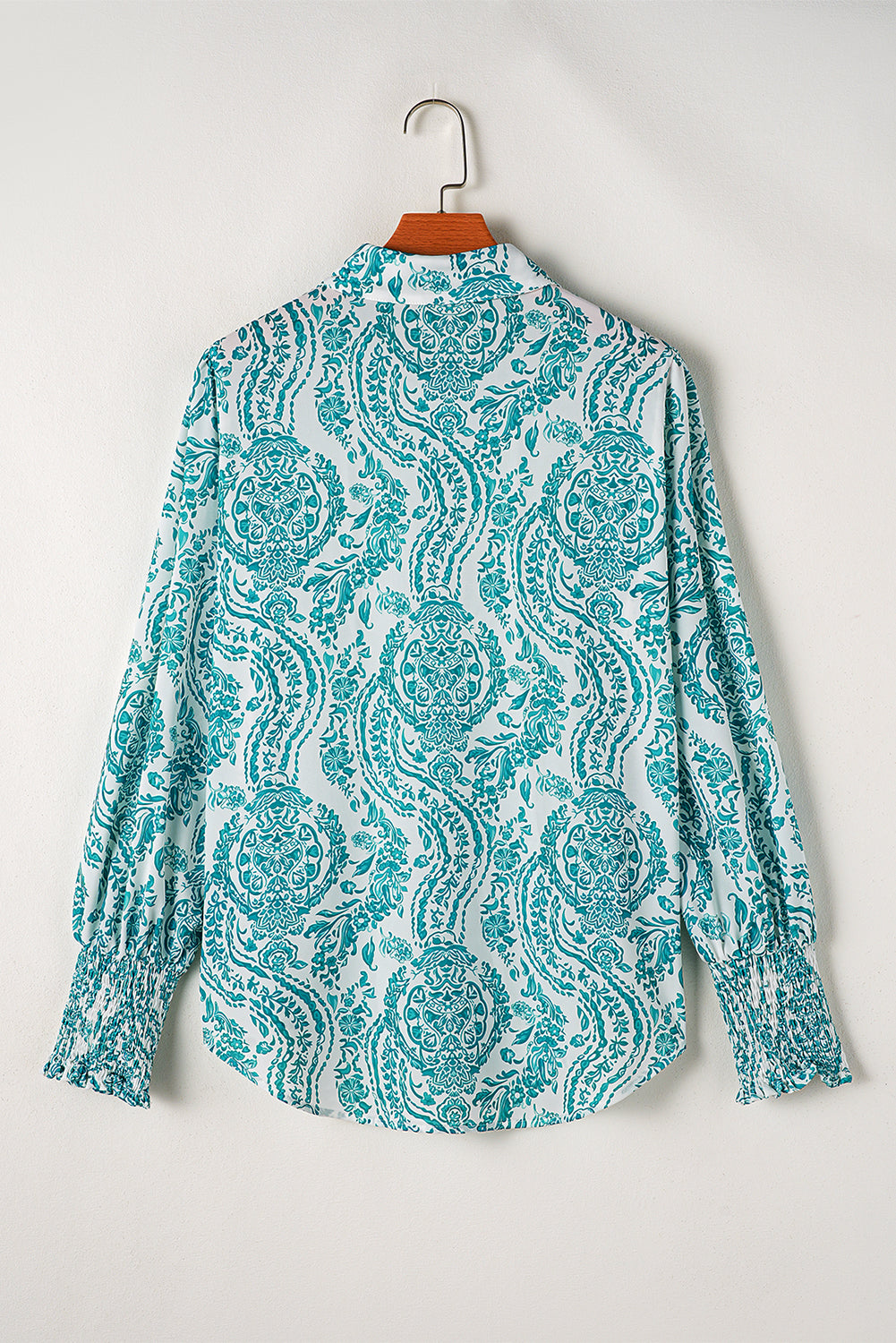 Paisley Print Button Front Shirt – Smocked Cuff Long Sleeve Blouse