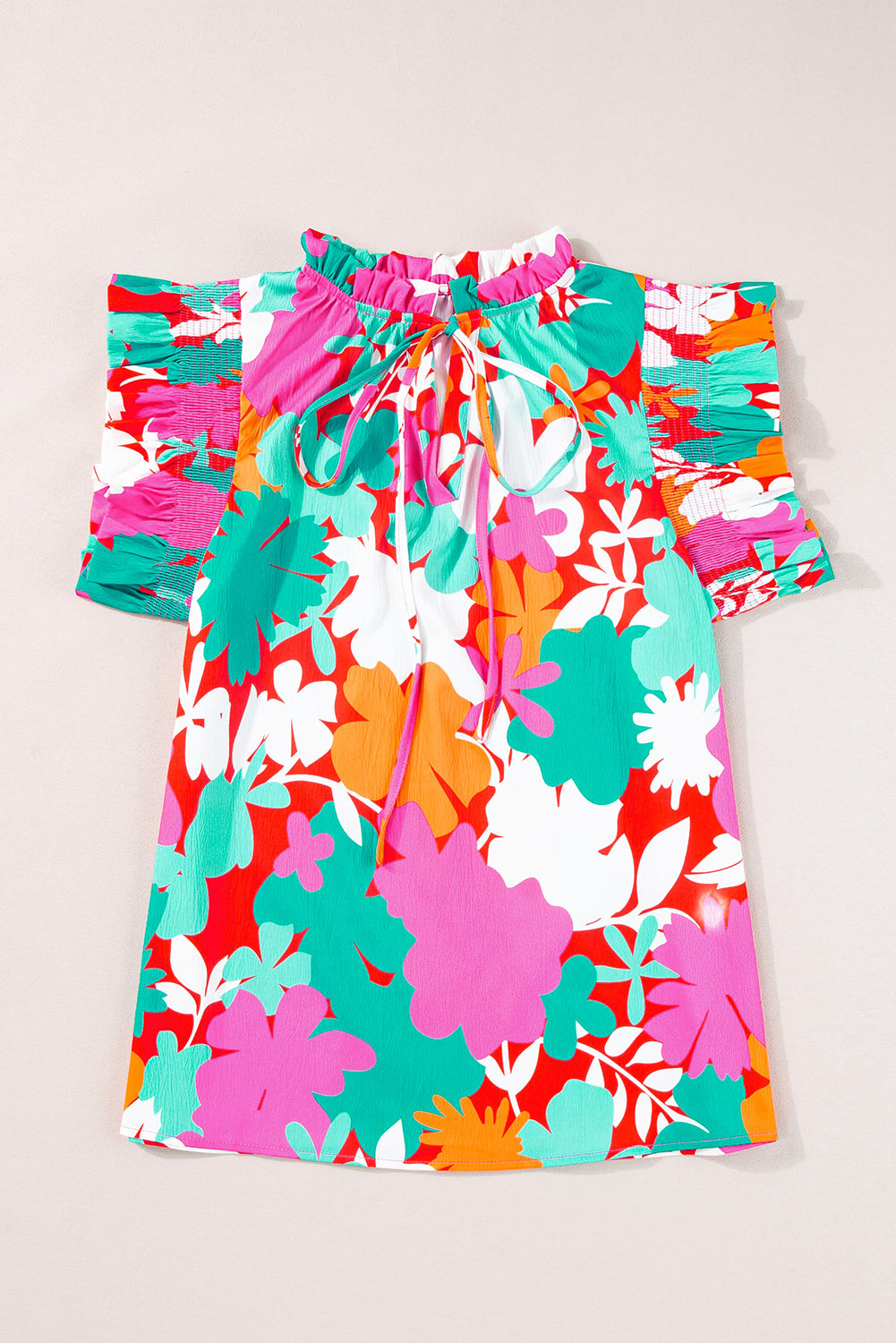 Floral Split Neck Ruffle Trim Blouse – Tie Front Feminine Top