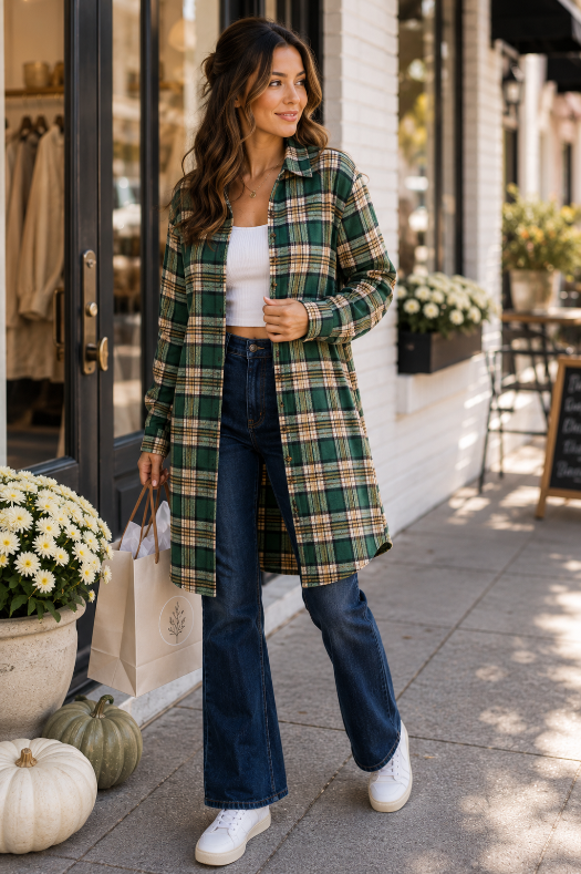 Audrey is wearing Mandy Plaid Collared Neck Long Sleeve Shirt for Women | Classic Button Front Top