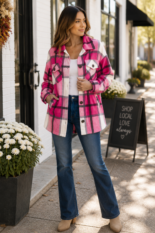 Audrey is wearing Zenana Pink Oversized Plaid Fleece Shacket for Women | Cozy Button-Up Flannel Jacket