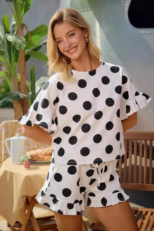 BiBi Polka Dot Ruffle Top & Shorts Set | Women's Cotton Two-Piece Lounge Outfit