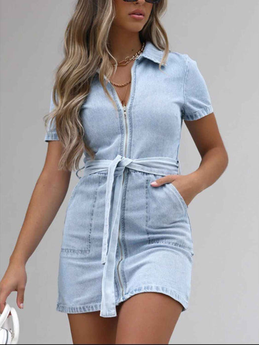 Fia Full Size Zip Front Short Sleeve Denim Dress (Available in Plus Size) in Color Light Blue