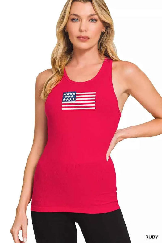 Zenana American Flag Embroidery Stretchy Ribbed Tank