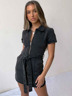 Fia Full Size Zip Front Short Sleeve Denim Dress (Available in Plus Size) in Color Black