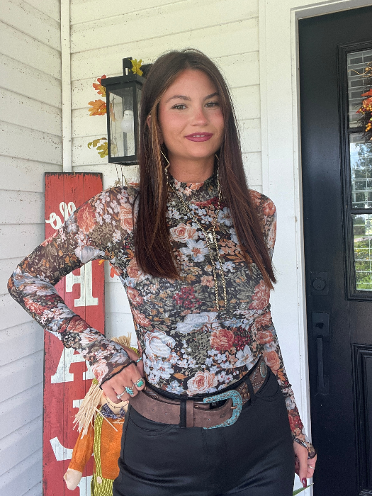 Floral Mesh Long Sleeve Top in black