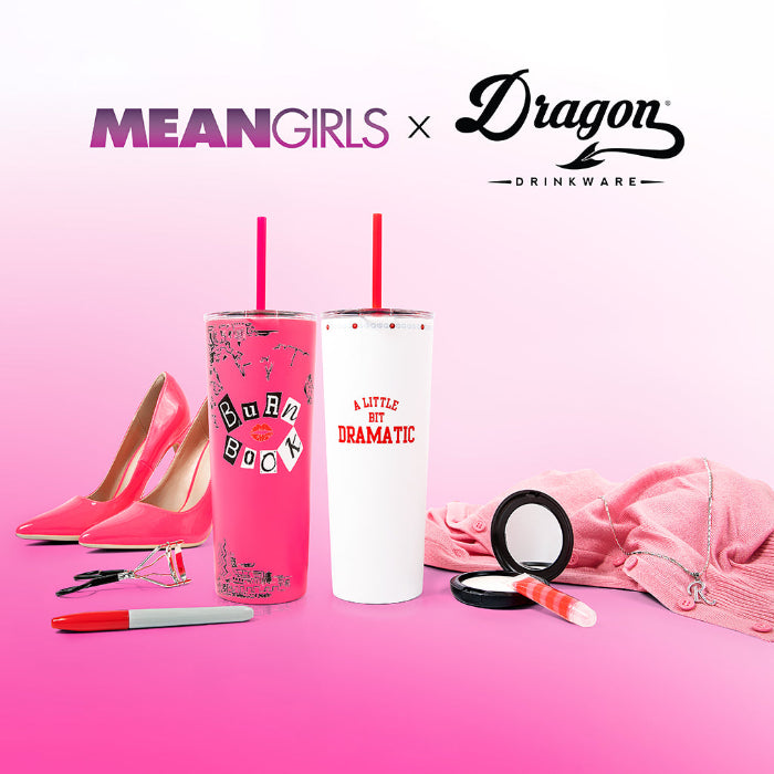 Officially licensed Mean Girls Burn Book 24-ounce insulated stainless steel tumbler with removable lid and two reusable straws.