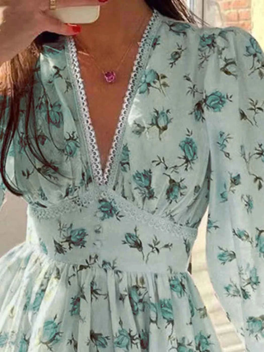 Sarina Lace Detail V-Neck Balloon Sleeve Dress featuring delicate lace accents, elegant balloon sleeves, a flattering V-neckline, and a flowy silhouette, perfect for weddings, bridal showers, church, and special occasions. 