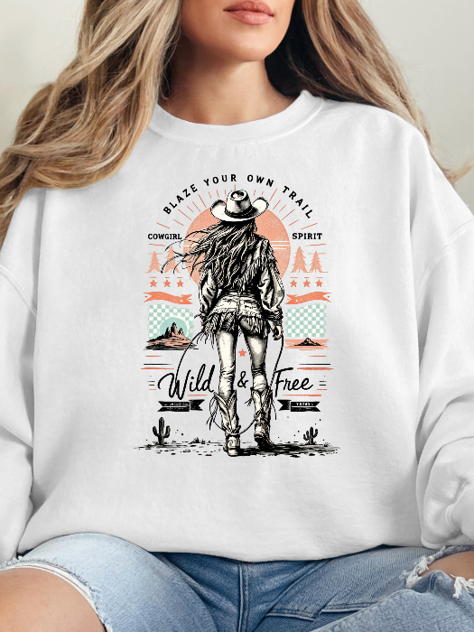 Women’s Blaze Your Own Trail Western graphic tee featuring an original Willow Boutique cowgirl design on a relaxed-fit Comfort Colors® 100% cotton Crewneck in White