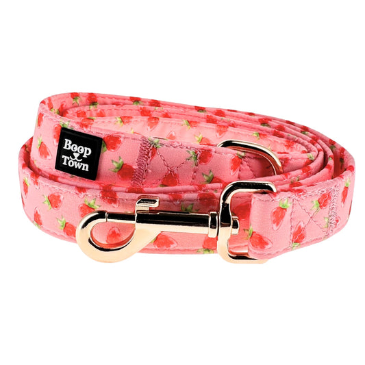 Strawberries Dog Leash – 5ft Soft Cotton Lead with Gold Swivel Clip