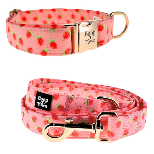 Strawberries Dog Collar & Leash Set – Soft Cotton Walk Set with Gold Hardware