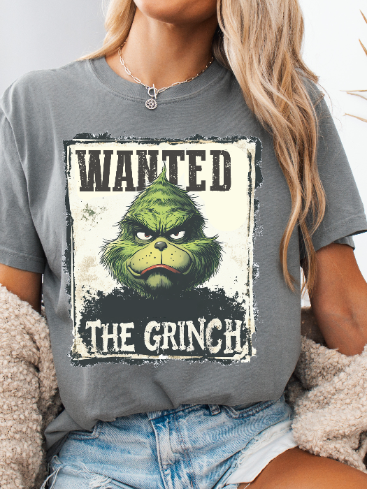 Holiday Mischief Wanted Grinch Inspired Graphic T Shirt in Grey