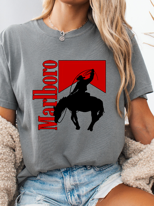 Marlboro Cowboy Rodeo Graphic Tee – Comfort Colors Western Shirt in Grey