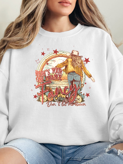 Women’s Fancy graphic tee featuring a Here’s Your One Chance Fancy country-inspired design on a relaxed-fit Comfort Colors® 100% cotton Crewneck in White