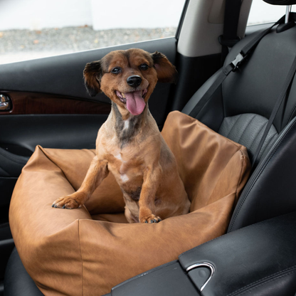 PupProtector™ Faux Leather Dog Car Bed – Memory Foam Booster Seat with Safety Straps, Waterproof Liner & Removable Cover - Camel