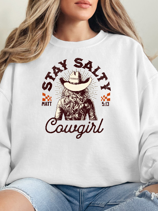 Stay Salty Christian Graphic Crewneck | Western Cowgirl Faith Shirt in White
