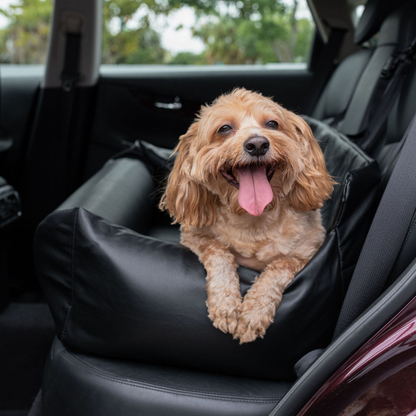 PupProtector™ Faux Leather Dog Car Bed – Memory Foam Booster Seat with Safety Straps, Waterproof Liner & Removable Cover -  Black
