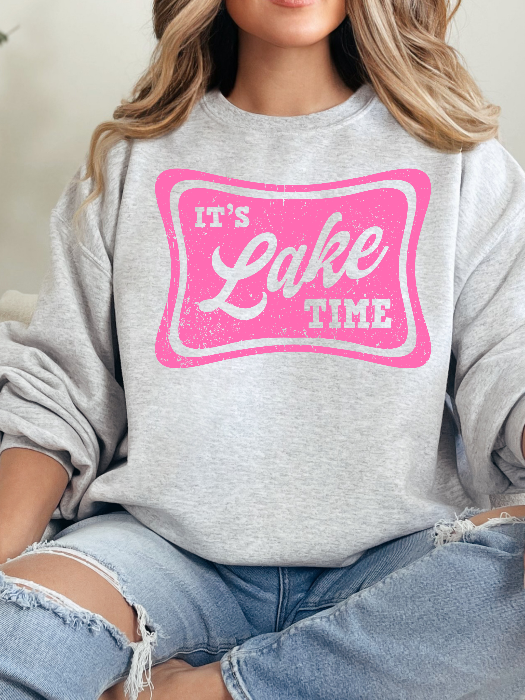 Lake Time Graphic Tee printed on premium Comfort Colors 100% cotton featuring an exclusive Willow Boutique design, perfect for lake weekends, boating, camping, and relaxed summer style. Crewneck in Grey
