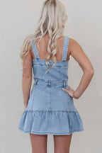 Naomi Square Neck Denim Dress featuring a flattering square neckline, button-front closure, sleeveless silhouette, soft denim fabric, and feminine ruffle hem for a timeless boutique look.