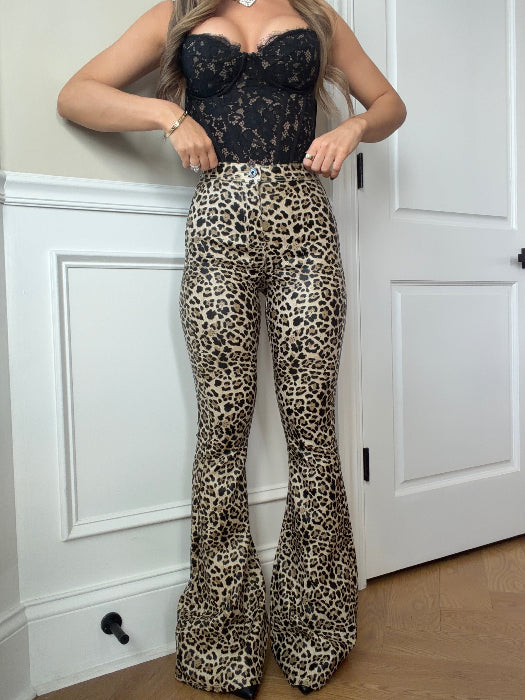 Fiona High Waisted Bell Bottom Flare Jeans – PU Leather Leopard