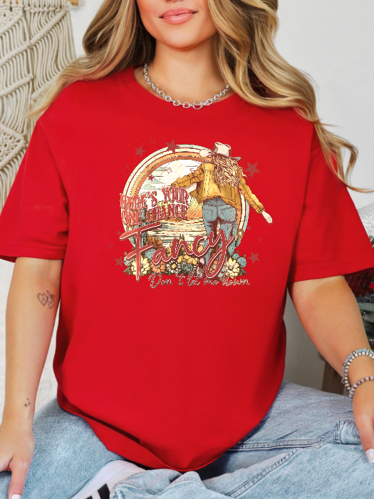 Women’s Fancy graphic tee featuring a Here’s Your One Chance Fancy country-inspired design on a relaxed-fit Comfort Colors® 100% cotton T-shirt in Red