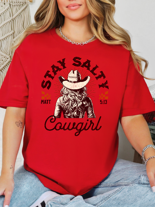 Stay Salty Christian Graphic Tee | Western Cowgirl Faith Shirt in Red