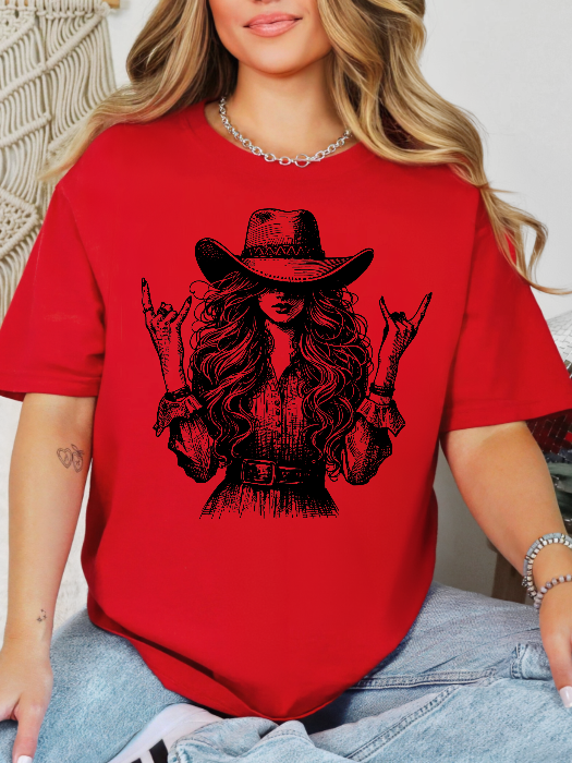 Women’s Lainey Cool Cowgirl graphic tee featuring an original Willow Boutique Western design on a relaxed-fit Comfort Colors® 100% cotton T-shirt in Red