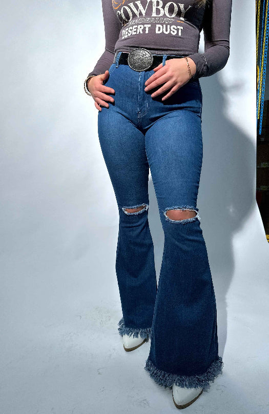 Farrah Denim Distressed High Waisted Flares – Medium Wash