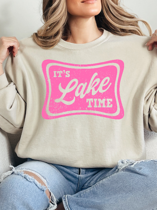 Lake Lake Time Graphic Tee printed on premium Comfort Colors 100% cotton featuring an exclusive Willow Boutique design, perfect for lake weekends, boating, camping, and relaxed summer style. Crewneck in Ivory