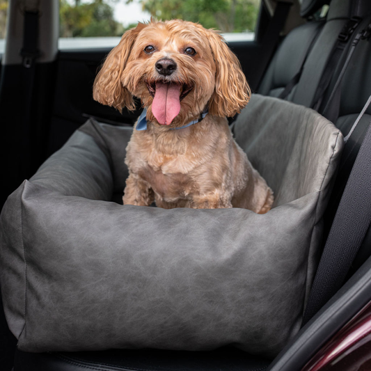 PupProtector™ Faux Leather Dog Car Bed – Memory Foam Booster Seat with Safety Straps, Waterproof Liner & Removable Cover