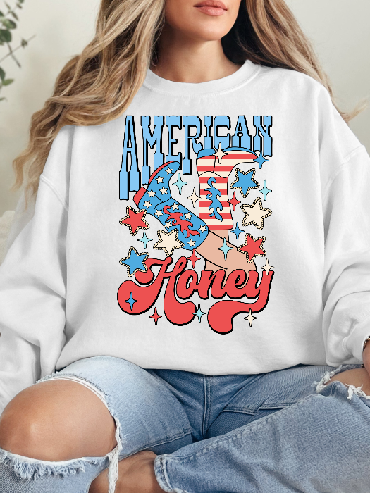 American Honey Graphic Tee printed on premium Comfort Colors 100% cotton featuring an exclusive Willow Boutique western-inspired design, perfect for country concerts, Nashville trips, rodeos, and everyday country style. Crewneck in White