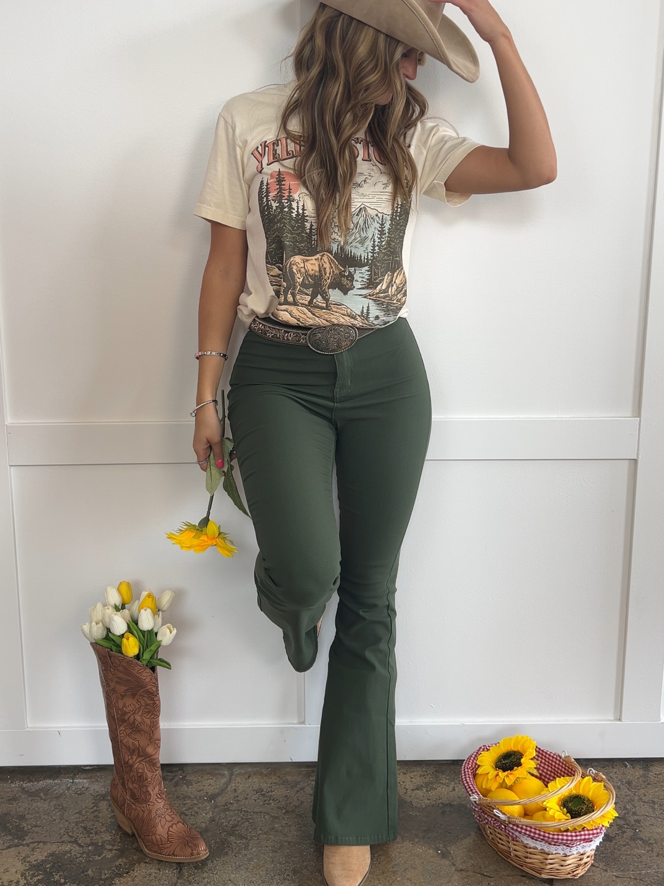 Fiona High Waisted Bell Bottom Flare Jeans – Olive Stretch Denim