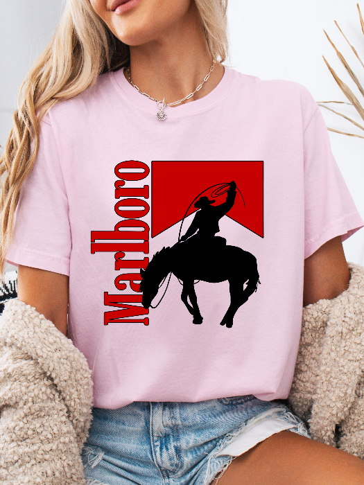 Marlboro Cowboy Rodeo Graphic Tee – Comfort Colors Western Shirt in Light Pink
