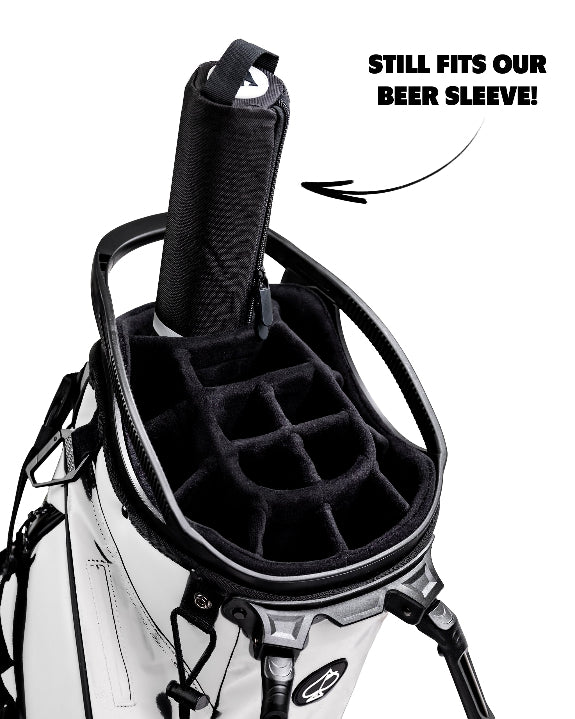 Black Pins & Aces insulated golf beer sleeve designed to hold up to seven cans and slide inside most standard golf bags.