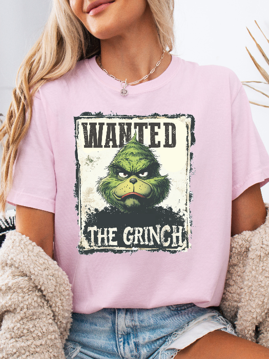 Holiday Mischief Wanted Grinch Inspired Graphic T Shirt in Pink