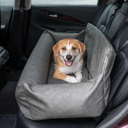 PupProtector™ Faux Leather Dog Car Bed – Memory Foam Booster Seat with Safety Straps, Waterproof Liner & Removable Cover