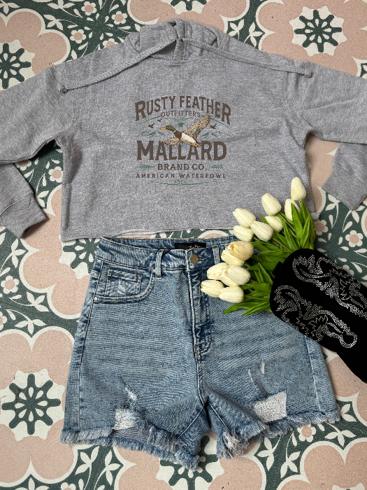 Rusty Feathered Mallard Graphic Tee printed on premium Comfort Colors 100% cotton featuring a detailed vintage-inspired mallard duck design, perfect for outdoor adventures, lake weekends, and casual country style. Cropped Hoodie in Grey