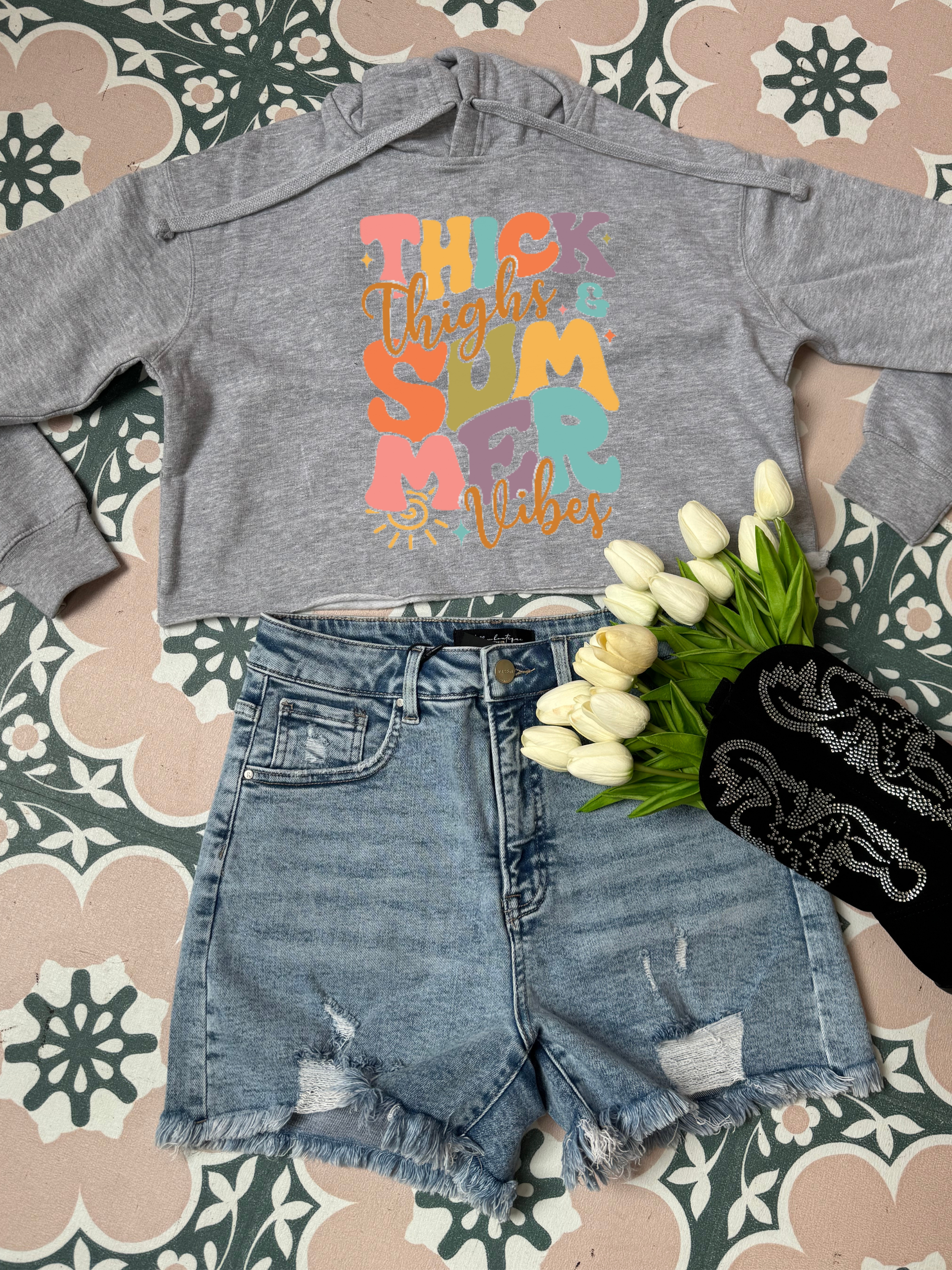 Thick Thighs and Summer Vibes Graphic Tee & Cropped Hoodie